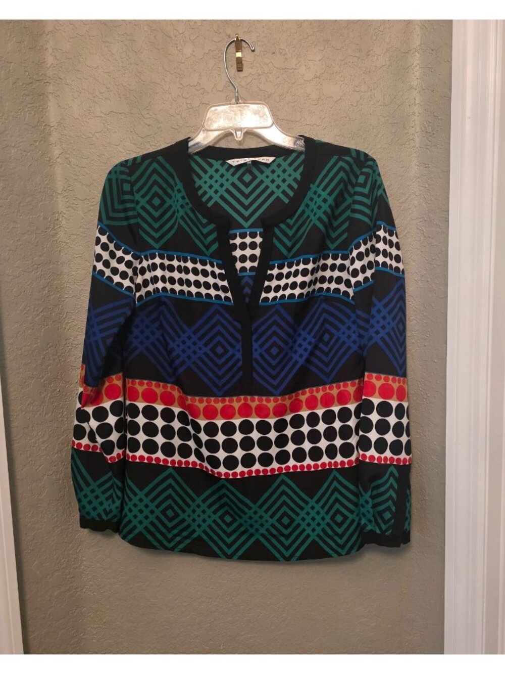 Trina Turk Mixed Print Colorful Geometric Lightweight Blouse S EUC